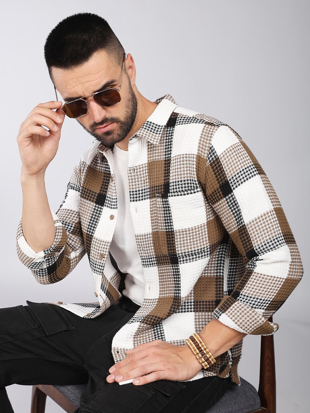 Tartan Checks Spread Collar Long Sleeves Slim Fit Cotton Casual Shirt
