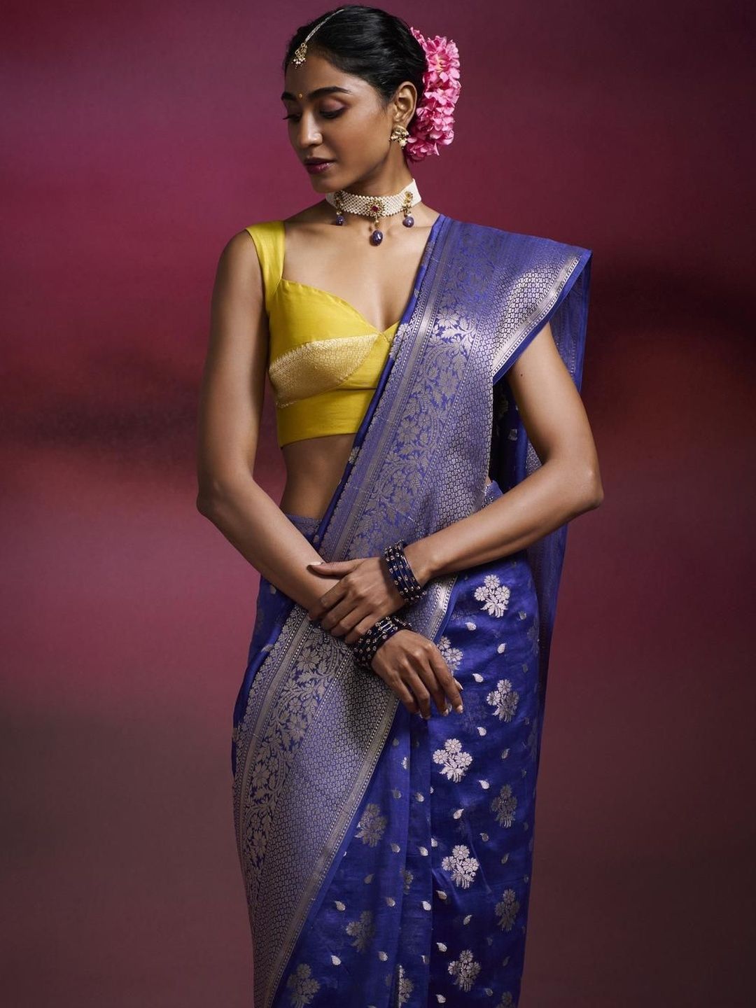 kByscwMt_3054ad279cc545a79222ec472ccb5a3b.jpg Dressfolk Ink Blue Woven Design Banarasi Silk Cotton Saree With Zari Border & Floral Butta - Image 1