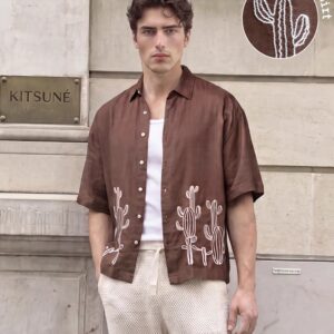 Brown Linen Blend Embroidery Shirt