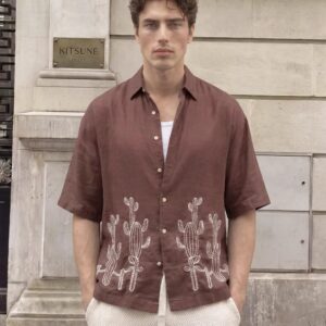 Brown Linen Blend Embroidery Shirt
