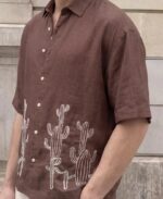 Brown Linen Blend Embroidery Shirt