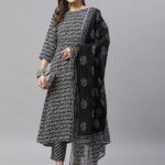 Indibelle Cotton Calf Length Floral Print A-Line Kurta Pant With Dupatta (Black)