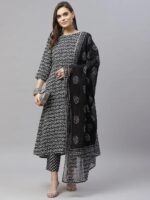 Indibelle Cotton Calf Length Floral Print A-Line Kurta Pant With Dupatta (Black)
