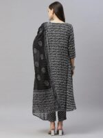 Indibelle Cotton Calf Length Floral Print A-Line Kurta Pant With Dupatta (Black)