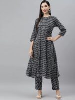 Indibelle Cotton Calf Length Floral Print A-Line Kurta Pant With Dupatta (Black)