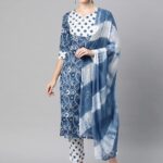 Indibelle Cotton Floral Print Kurta Pant With Dupatta (Blue)