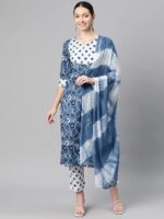 Indibelle Cotton Floral Print Kurta Pant With Dupatta (Blue)