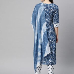 Indibelle Cotton Floral Print Kurta Pant With Dupatta (Blue)