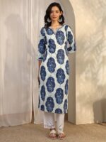 Libas Blue Printed Cotton Straight Kurta