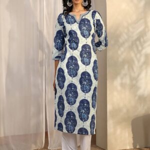 Libas Blue Printed Cotton Straight Kurta