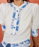 Women Off White & Blue Floral Print Puff Sleeve Rayon Top