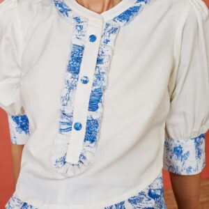 Women Off White & Blue Floral Print Puff Sleeve Rayon Top